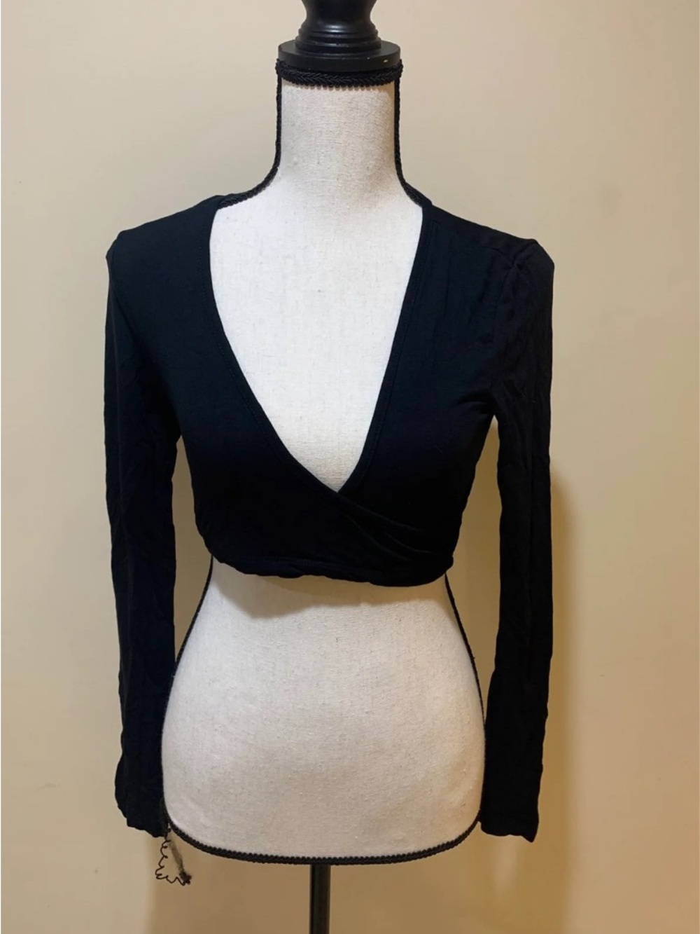 Black Long-Sleeve Wrap Crop Top
